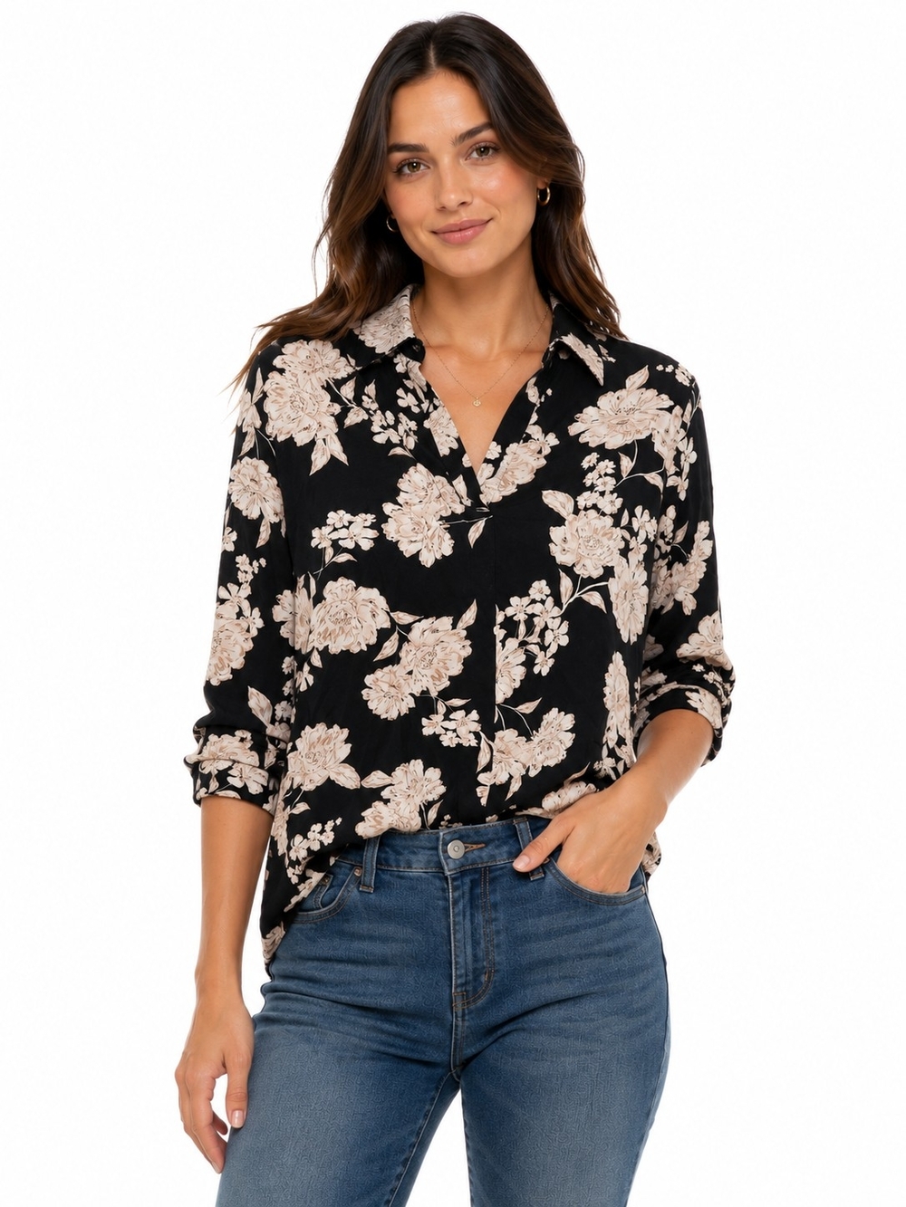 2/$12 Black with Cream Floral Print Blouse